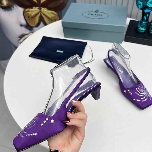 PRADA 26S SLINGBACK PUMPS 40MM IN PURPLE SATIN CRYSTAL EMBELLISHED