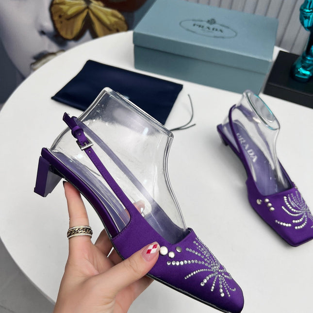 PRADA 26S SLINGBACK PUMPS 40MM IN PURPLE SATIN CRYSTAL EMBELLISHED