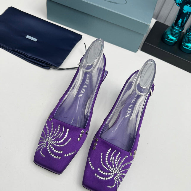 PRADA 26S SLINGBACK PUMPS 40MM IN PURPLE SATIN CRYSTAL EMBELLISHED