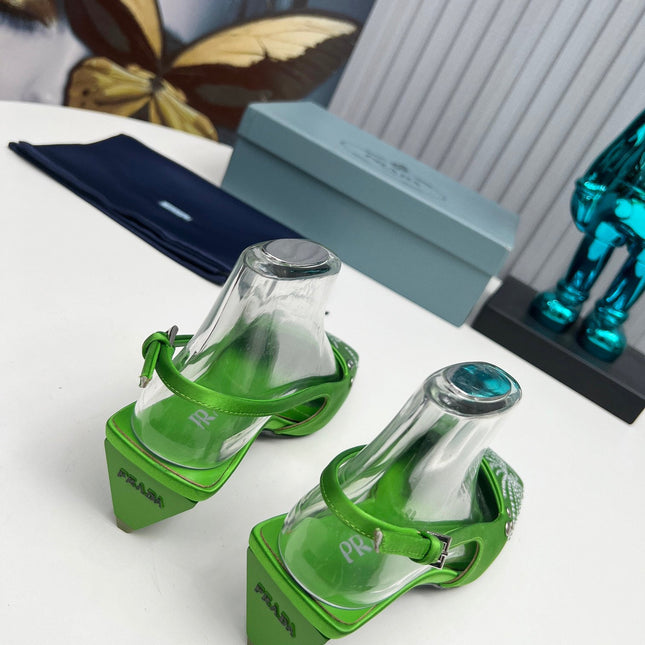 PRADA 26S SLINGBACK PUMPS 40MM IN APPLE GREEN SATIN CRYSTAL EMBELLISHED