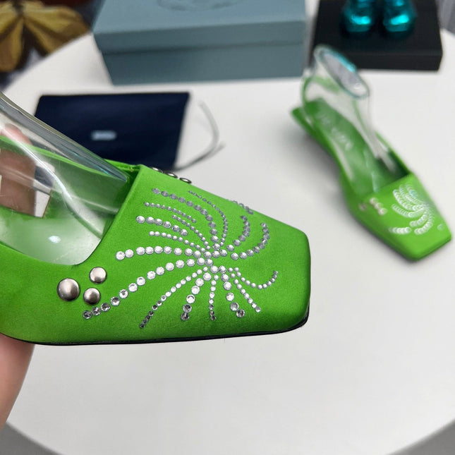 PRADA 26S SLINGBACK PUMPS 40MM IN APPLE GREEN SATIN CRYSTAL EMBELLISHED