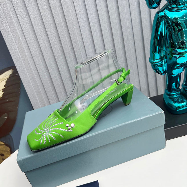 PRADA 26S SLINGBACK PUMPS 40MM IN APPLE GREEN SATIN CRYSTAL EMBELLISHED