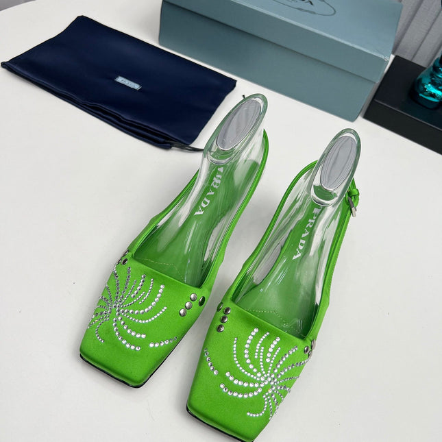 PRADA 26S SLINGBACK PUMPS 40MM IN APPLE GREEN SATIN CRYSTAL EMBELLISHED