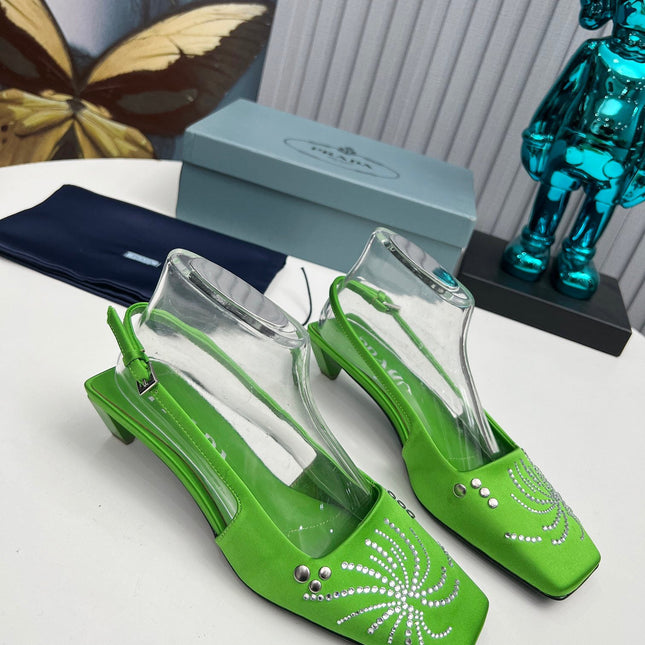 PRADA 26S SLINGBACK PUMPS 40MM IN APPLE GREEN SATIN CRYSTAL EMBELLISHED