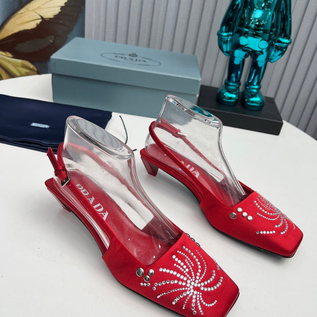 PRADA 26S SLINGBACK PUMPS 40MM IN DARK RED SATIN CRYSTAL EMBELLISHED
