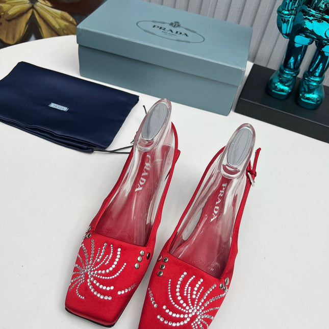 PRADA 26S SLINGBACK PUMPS 40MM IN DARK RED SATIN CRYSTAL EMBELLISHED