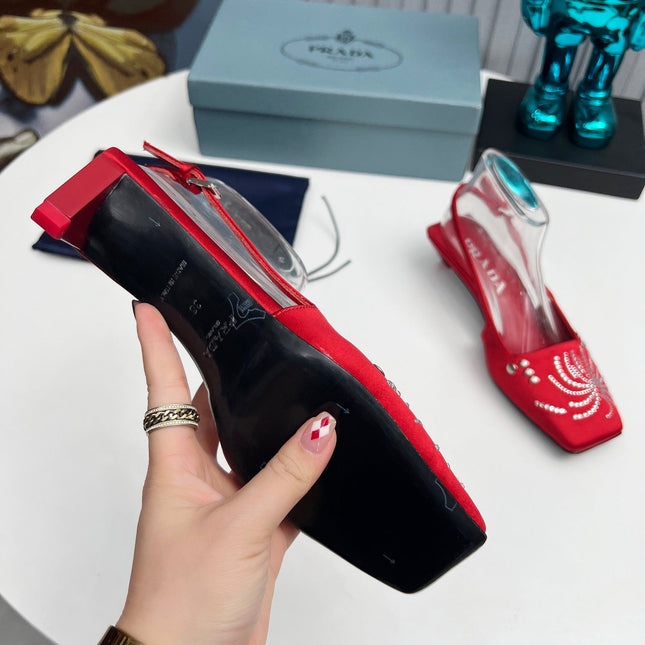 PRADA 26S SLINGBACK PUMPS 40MM IN DARK RED SATIN CRYSTAL EMBELLISHED