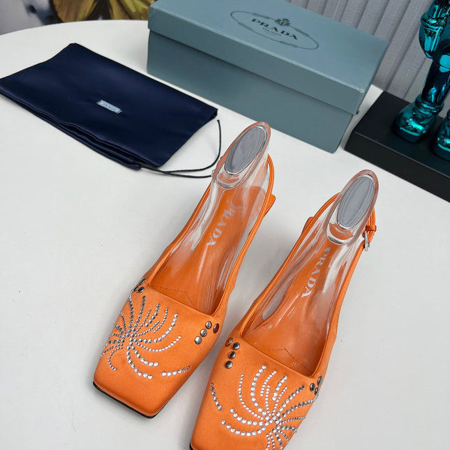 PRADA 26S SLINGBACK PUMPS 40MM IN ORANGE SATIN CRYSTAL EMBELLISHED