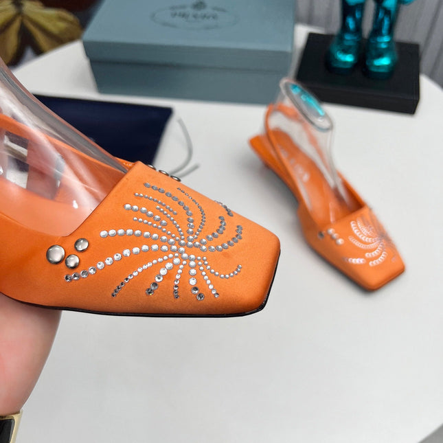 PRADA 26S SLINGBACK PUMPS 40MM IN ORANGE SATIN CRYSTAL EMBELLISHED