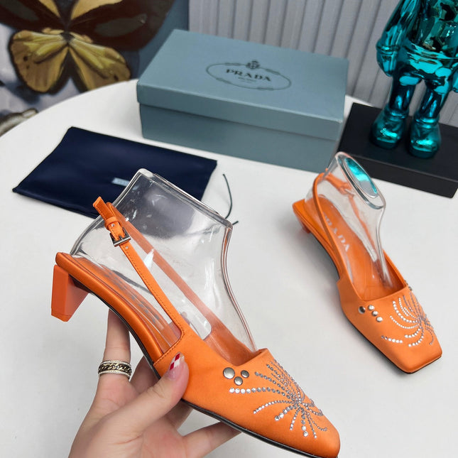 PRADA 26S SLINGBACK PUMPS 40MM IN ORANGE SATIN CRYSTAL EMBELLISHED