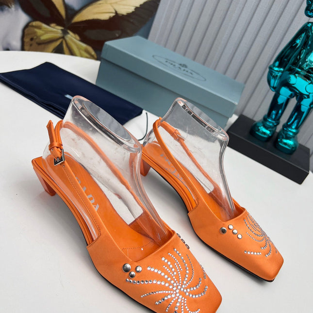 PRADA 26S SLINGBACK PUMPS 40MM IN ORANGE SATIN CRYSTAL EMBELLISHED