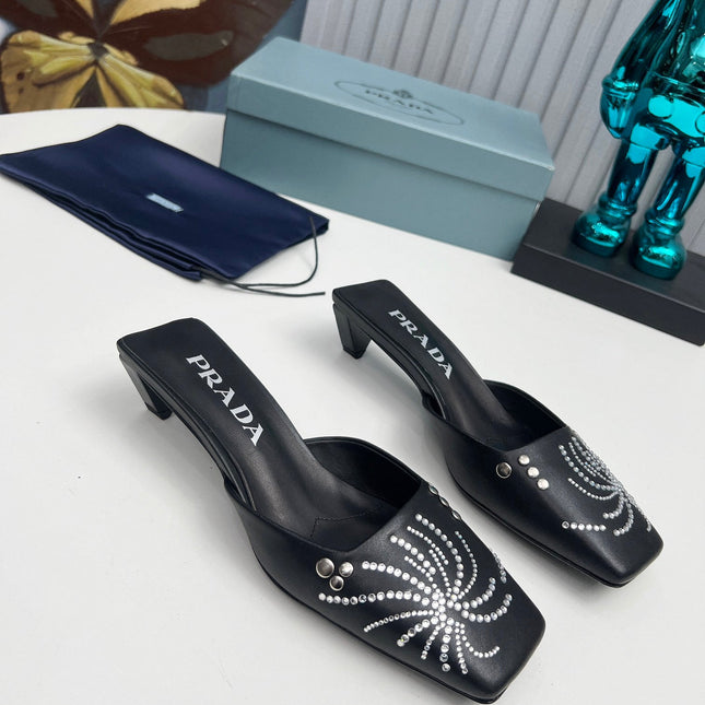 PRADA 26S MULE 40MM IN BLACK CALFSKIN CRYSTAL EMBELLISHED