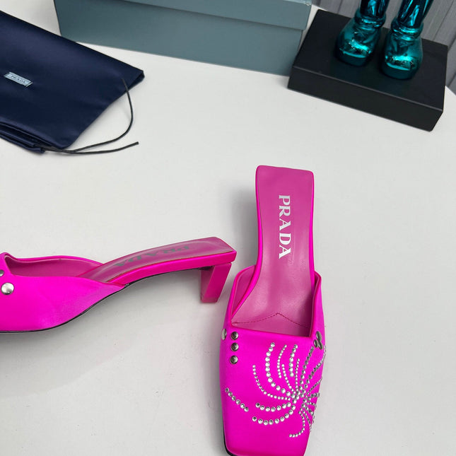 PRADA 26S MULE 40MM IN FUCHSIA PINK SATIN CRYSTAL EMBELLISHED