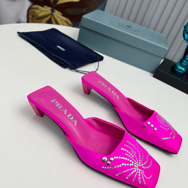 PRADA 26S MULE 40MM IN FUCHSIA PINK SATIN CRYSTAL EMBELLISHED