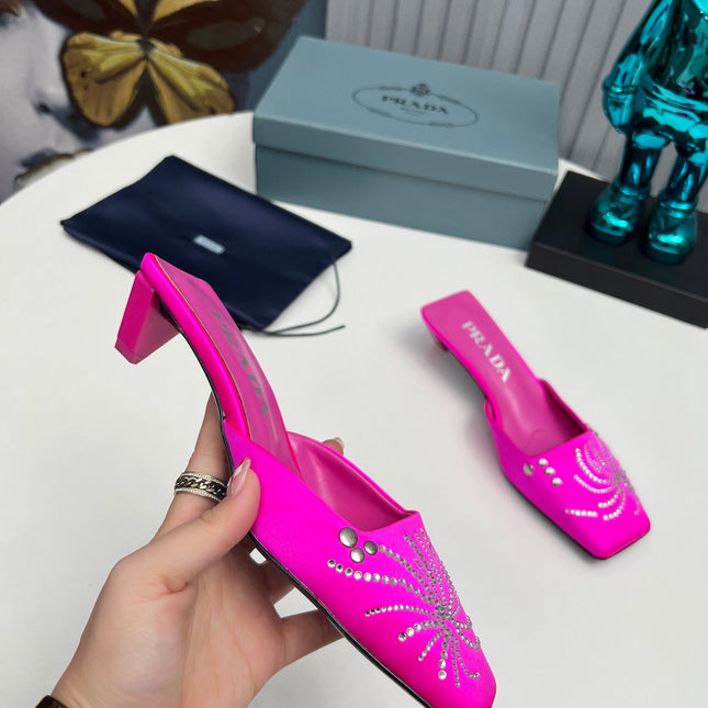 PRADA 26S MULE 40MM IN FUCHSIA PINK SATIN CRYSTAL EMBELLISHED