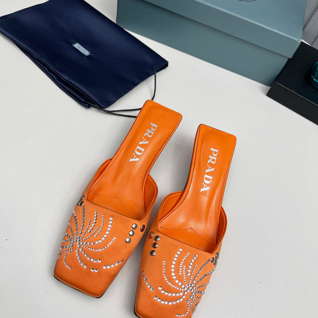 PRADA 26S MULE 40MM IN ORANGE SATIN CRYSTAL EMBELLISHED