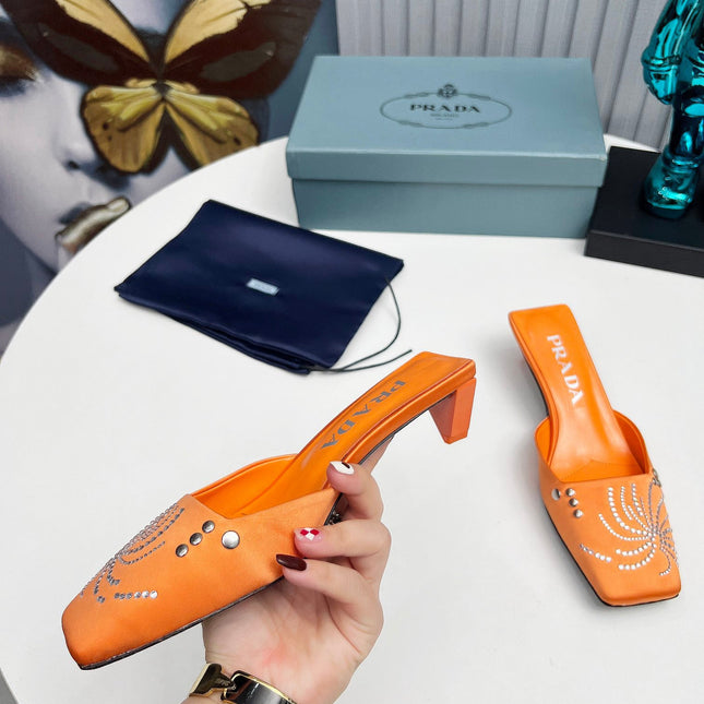 PRADA 26S MULE 40MM IN ORANGE SATIN CRYSTAL EMBELLISHED