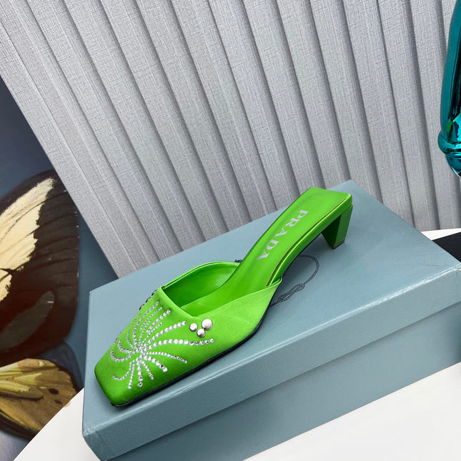 PRADA 26S MULE 40MM IN APPLE GREEN SATIN CRYSTAL EMBELLISHED