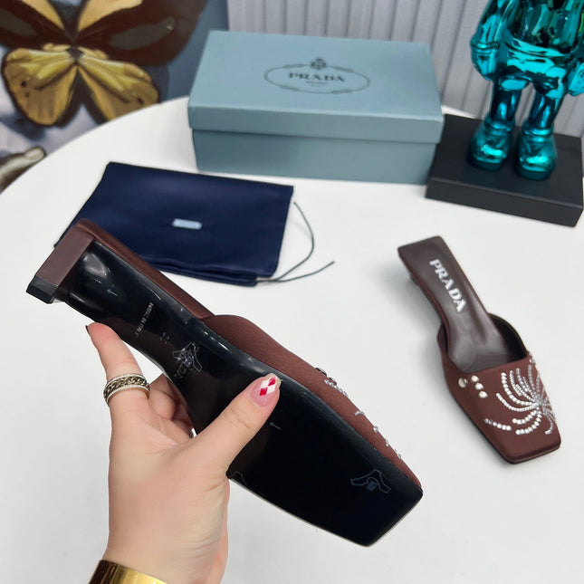 PRADA 26S MULE 40MM IN DARK BROWN SATIN CRYSTAL EMBELLISHED
