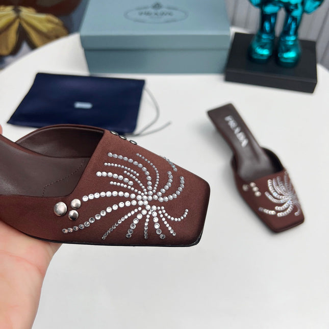 PRADA 26S MULE 40MM IN DARK BROWN SATIN CRYSTAL EMBELLISHED