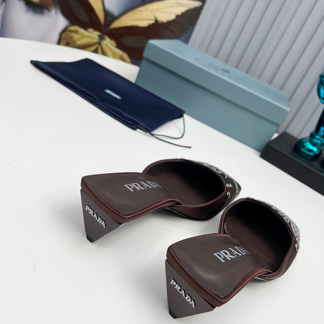 PRADA 26S MULE 40MM IN DARK BROWN SATIN CRYSTAL EMBELLISHED