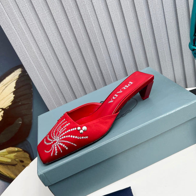 PRADA 26S MULE 40MM IN DARK RED SATIN CRYSTAL EMBELLISHED