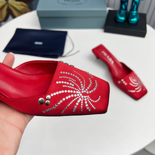 PRADA 26S MULE 40MM IN DARK RED SATIN CRYSTAL EMBELLISHED