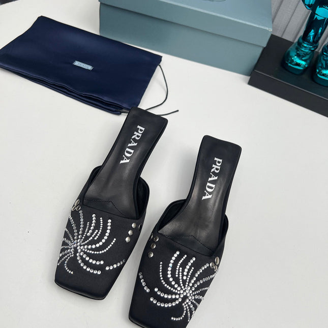 PRADA 26S MULE 40MM IN BLACK SATIN CRYSTAL EMBELLISHED