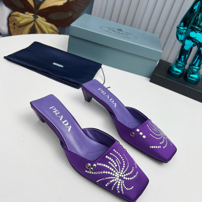 PRADA 26S MULE 40MM IN PURPLE SATIN CRYSTAL EMBELLISHED