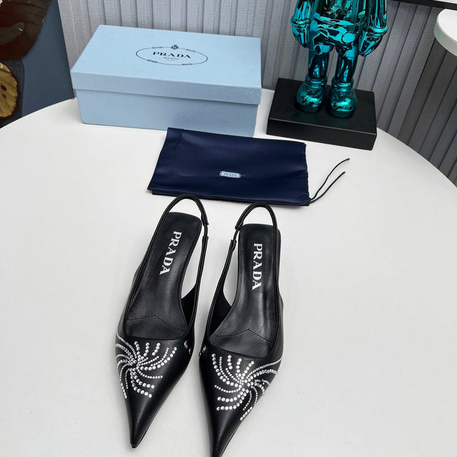 PRADA 26S POINTED TOE SLINGBACK 40MM IN BLACK CALFSKIN CRYSTAL EMBELLISHED