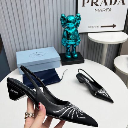 PRADA 26S POINTED TOE SLINGBACK 40MM IN BLACK CALFSKIN CRYSTAL EMBELLISHED