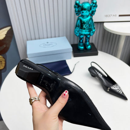 PRADA 26S POINTED TOE SLINGBACK 40MM IN BLACK CALFSKIN CRYSTAL EMBELLISHED