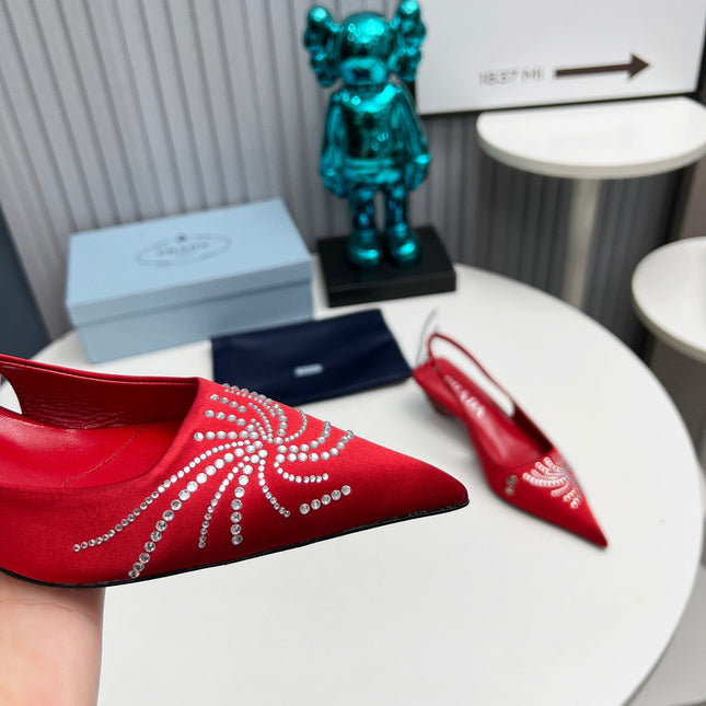 PRADA 26S POINTED TOE SLINGBACK 40MM IN DARK RED SATIN CRYSTAL EMBELLISHED