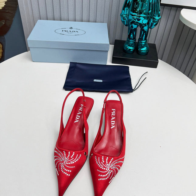 PRADA 26S POINTED TOE SLINGBACK 40MM IN DARK RED SATIN CRYSTAL EMBELLISHED
