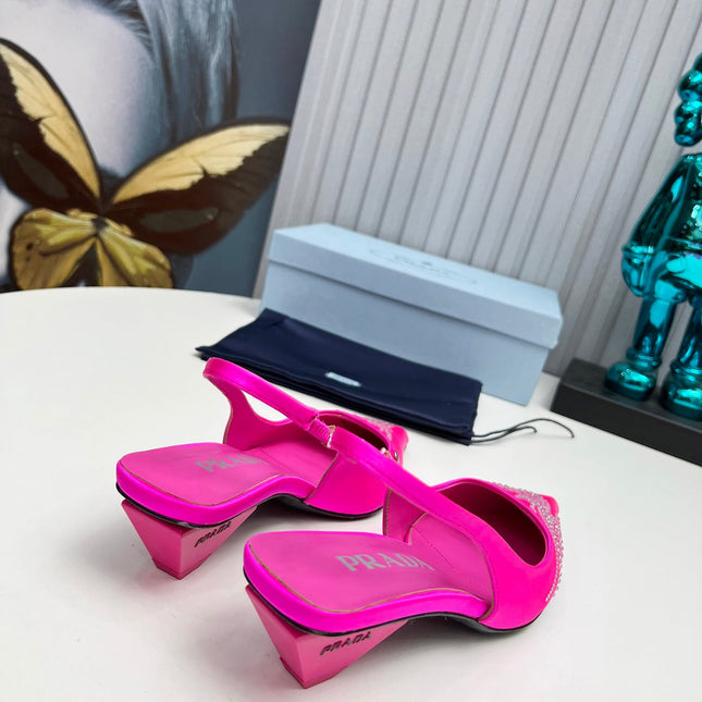 PRADA 26S POINTED TOE SLINGBACK 40MM IN FUCHSIA PINK SATIN CRYSTAL EMBELLISHED