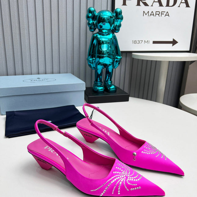 PRADA 26S POINTED TOE SLINGBACK 40MM IN FUCHSIA PINK SATIN CRYSTAL EMBELLISHED