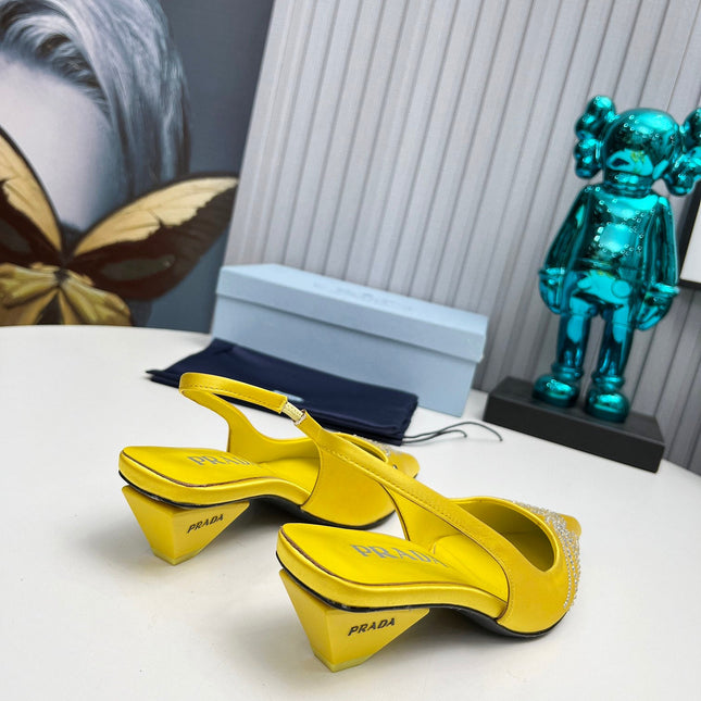 PRADA 26S POINTED TOE SLINGBACK 40MM IN YELLOW SATIN CRYSTAL EMBELLISHED