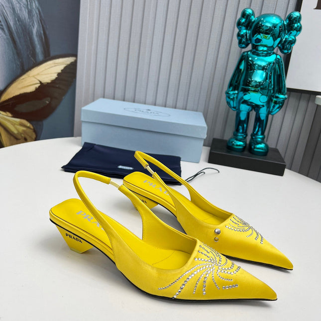 PRADA 26S POINTED TOE SLINGBACK 40MM IN YELLOW SATIN CRYSTAL EMBELLISHED