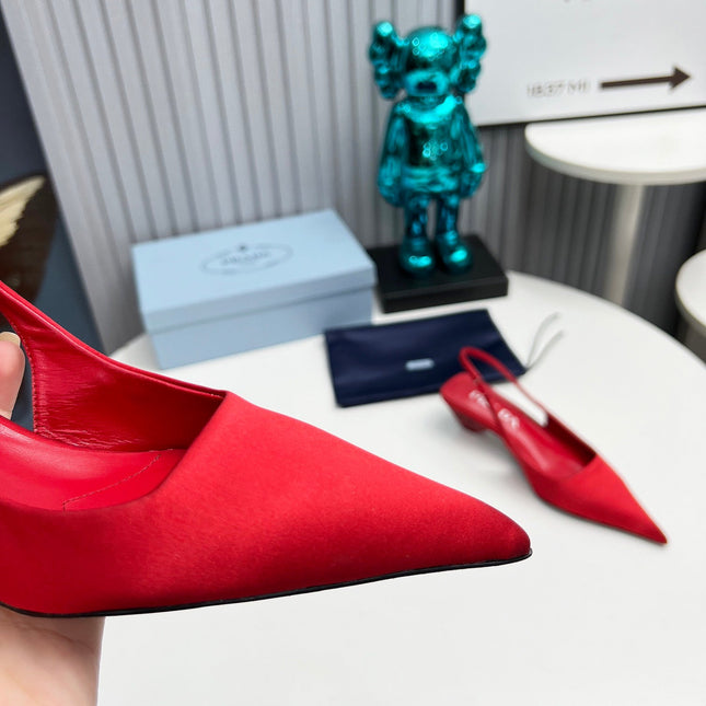 PRADA 26S POINTED TOE SLINGBACK 40MM IN DARK RED SATIN