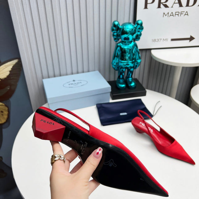 PRADA 26S POINTED TOE SLINGBACK 40MM IN DARK RED SATIN