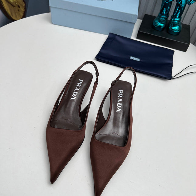 PRADA 26S POINTED TOE SLINGBACK 40MM IN DARK BROWN SATIN