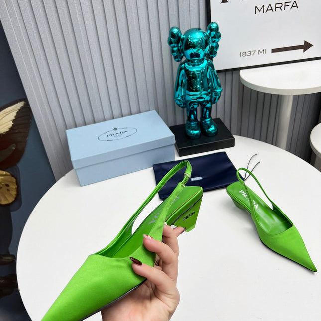 PRADA 26S POINTED TOE SLINGBACK 40MM IN APPLE GREEN SATIN