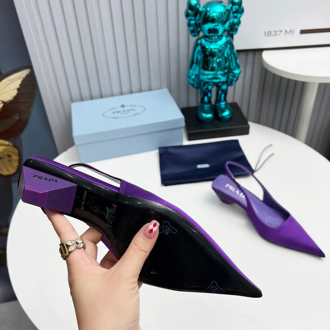 PRADA 26S POINTED TOE SLINGBACK 40MM IN PURPLE SATIN