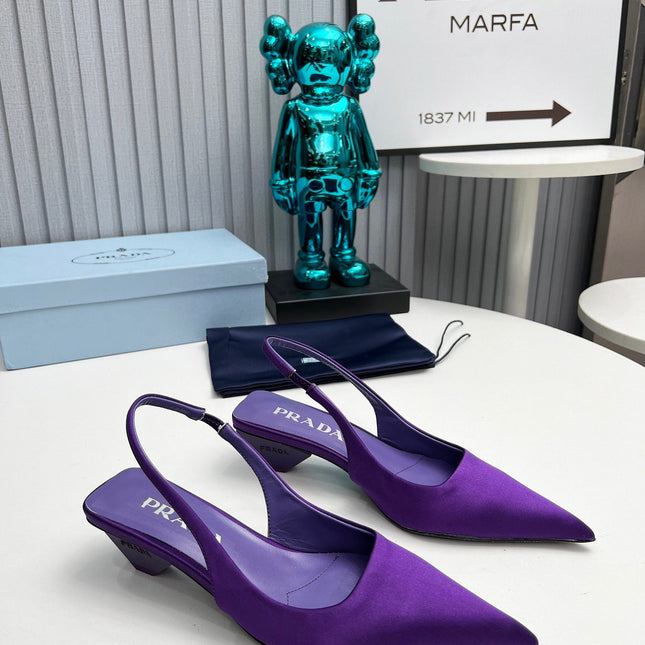 PRADA 26S POINTED TOE SLINGBACK 40MM IN PURPLE SATIN