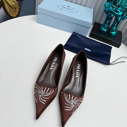 PRADA 26S POINTED TOE PUMPS 40MM IN DARK BROWN SATIN CRYSTAL EMBELLISHED