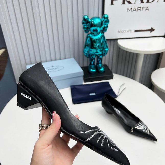 PRADA 26S POINTED TOE PUMPS 40MM IN BLACK CALFSKIN CRYSTAL EMBELLISHED