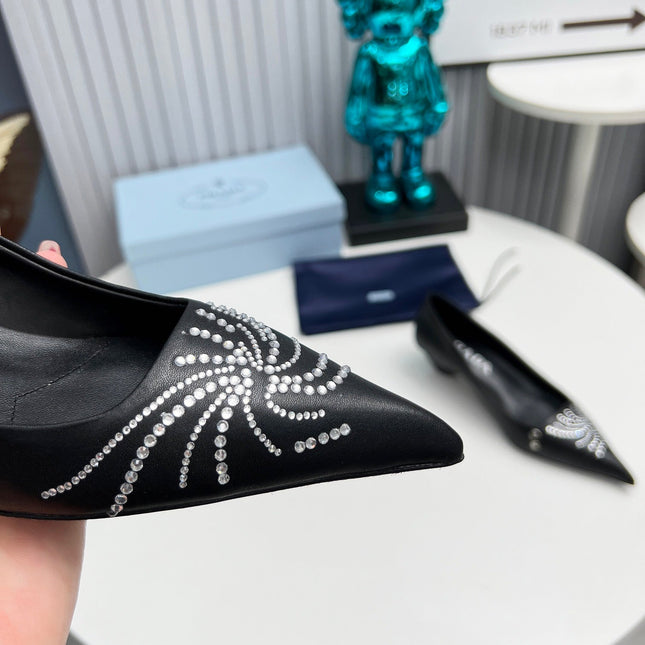 PRADA 26S POINTED TOE PUMPS 40MM IN BLACK CALFSKIN CRYSTAL EMBELLISHED