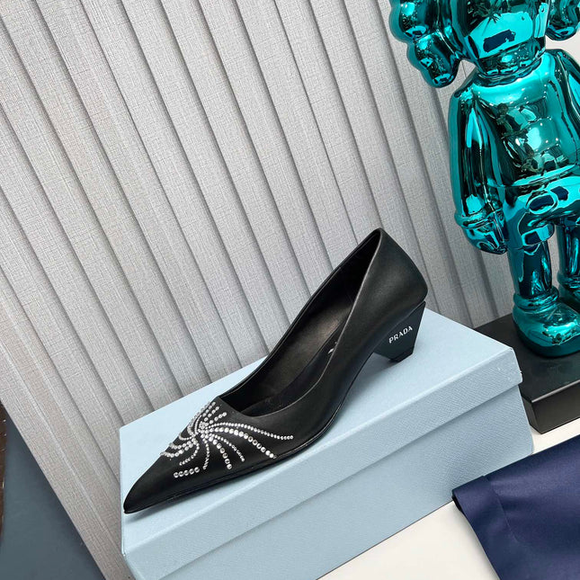 PRADA 26S POINTED TOE PUMPS 40MM IN BLACK CALFSKIN CRYSTAL EMBELLISHED