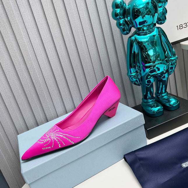 PRADA 26S POINTED TOE PUMPS 40MM IN FUCHSIA PINK SATIN CRYSTAL EMBELLISHED
