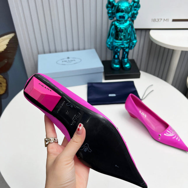 PRADA 26S POINTED TOE PUMPS 40MM IN FUCHSIA PINK SATIN CRYSTAL EMBELLISHED